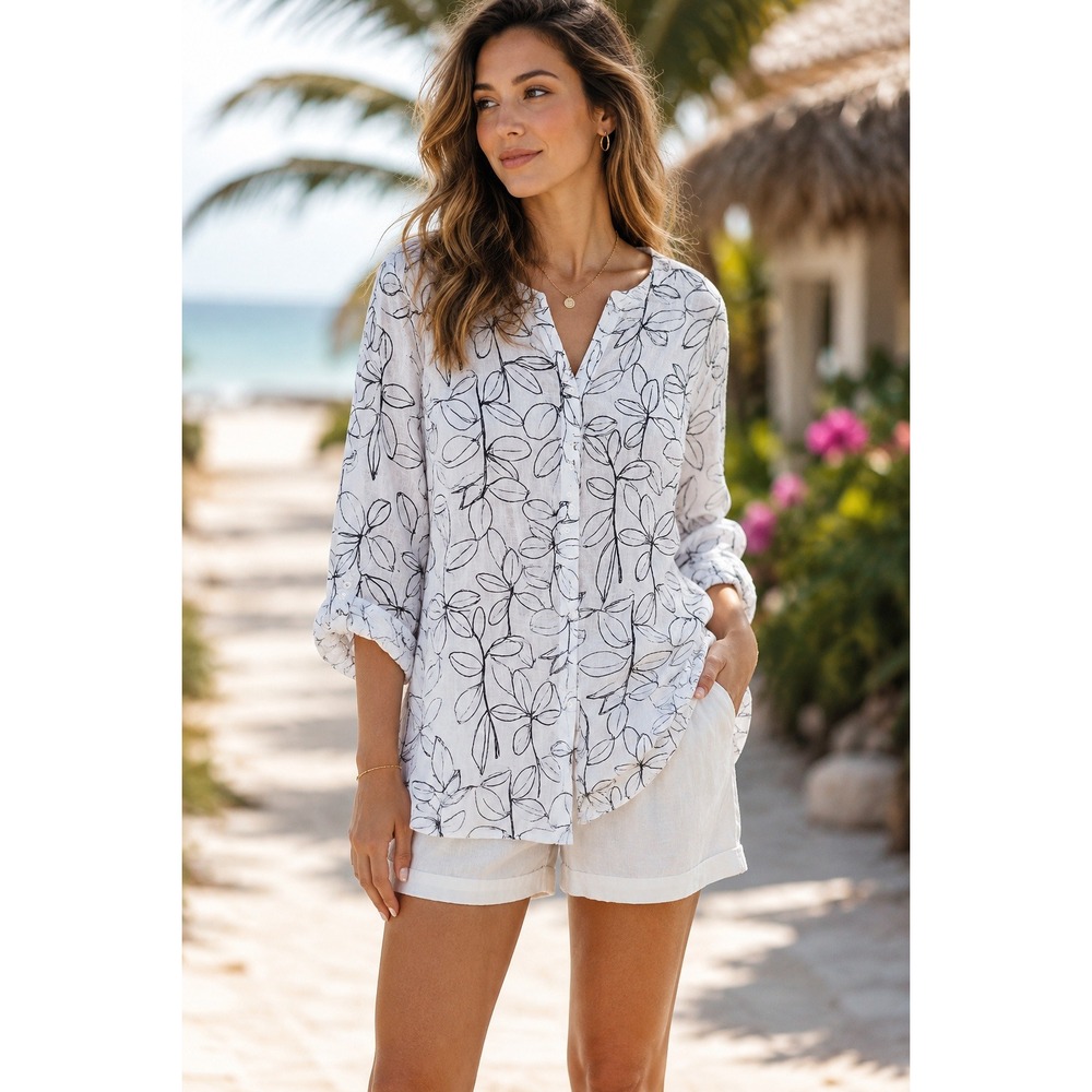 Capsule Resortwear Artsy Linen Leaf Print Top Size 1X Quiet Luxury Relaxed Vaca